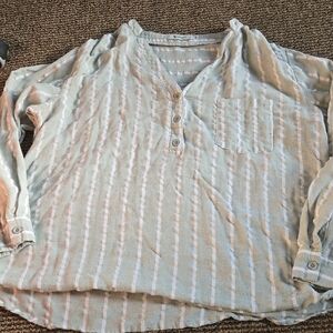 Amazon Brand Striped Button-down Eucalyptus Green Striped Blouse Plus